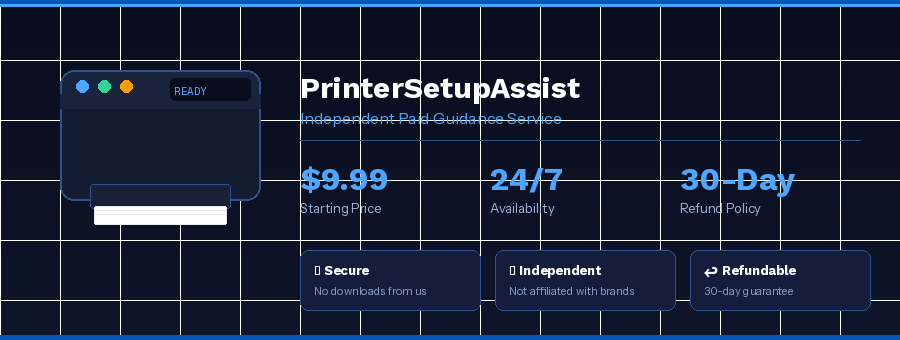 PrinterSetupAssist independent paid guidance service overview
